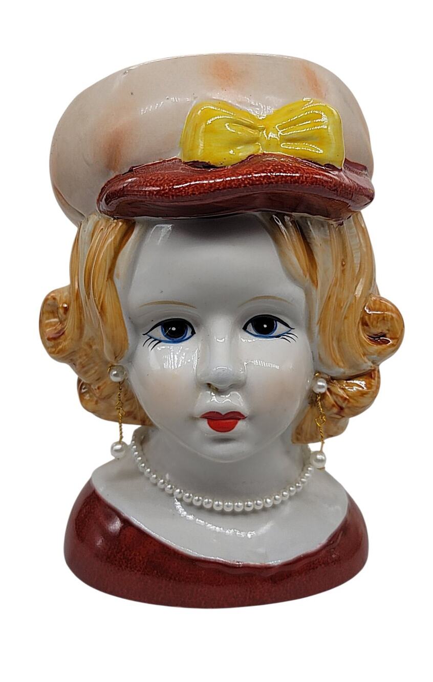 Vtg Nippon Japan Hand Painted Lady Head Ceramic Vase Hat Earrings Necklace 7"